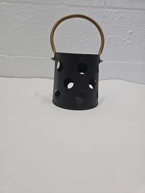 Black Metal Candle Holder Lantern Bucket Gold Handle Cutout Modern Decor